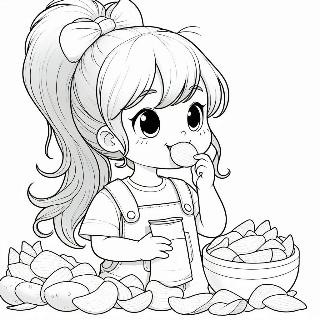 coloring page image of child eating potato chips Cabin open house schedule for 2024 summer.
